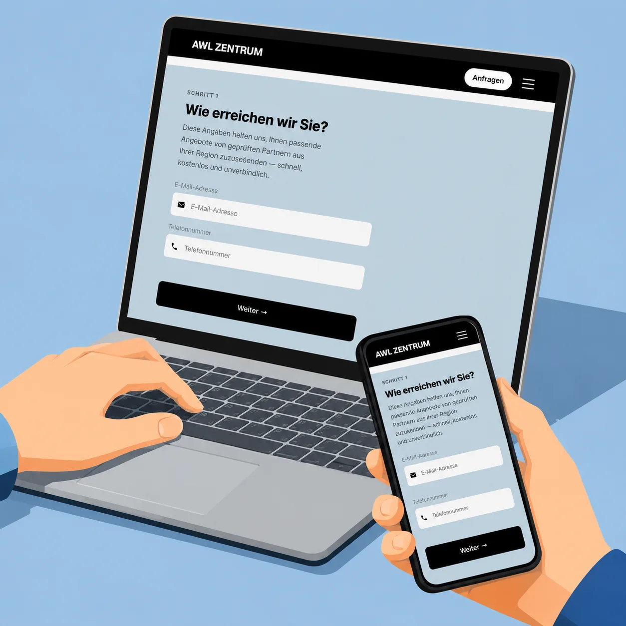 AWL-Anfrage am Laptop und Smartphone – Schritt 1: Wie erreichen wir Sie?