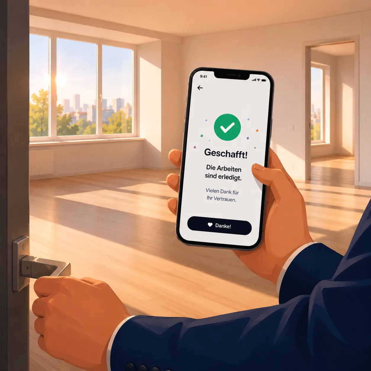 Benutzer schließt die Tür der leeren Wohnung und sieht die Geschafft-Bestätigung in der AWL-App