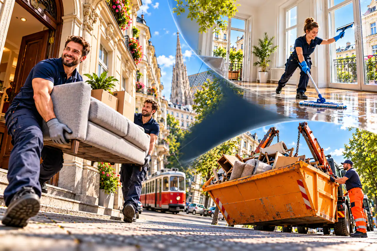 Illustration: Zwei Helfer tragen ein Sofa aus einem Wiener Altbau, eine Reinigungskraft wischt eine leere Wohnung, ein Container wird verladen – im Hintergrund Stephansdom und Straßenbahn