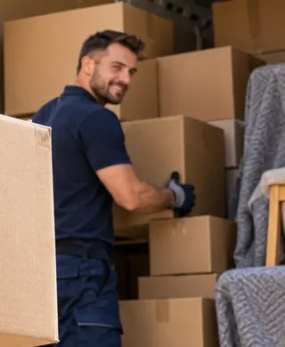 Umzugshelfer stapelt Kartons im Transporter