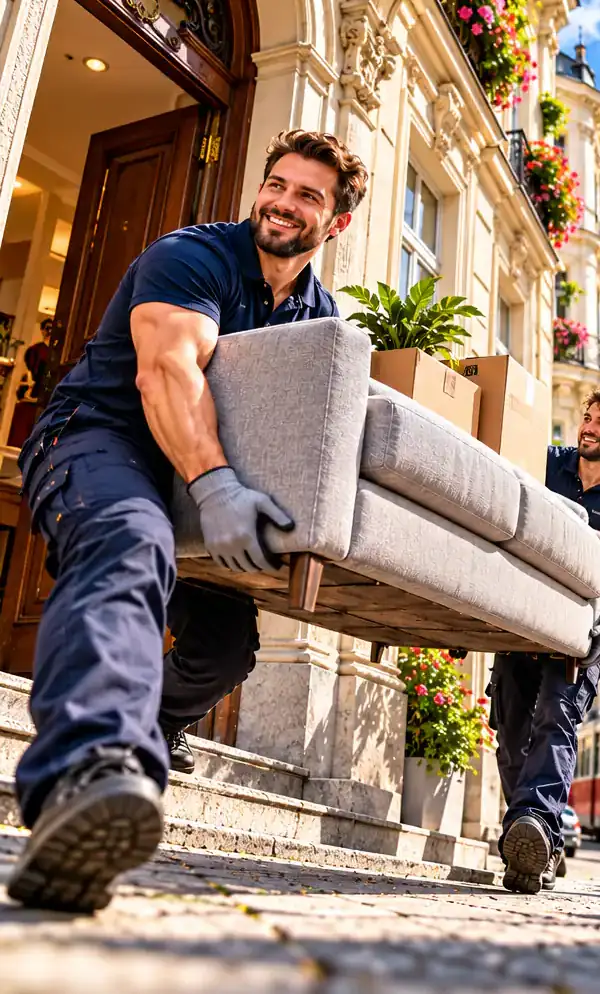 Illustration: Zwei Helfer tragen ein Sofa aus dem Haus